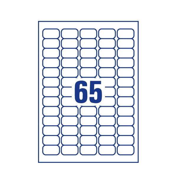 A sheet of 65 Avery J8651 labels with QuickPEEL technology for easy use.