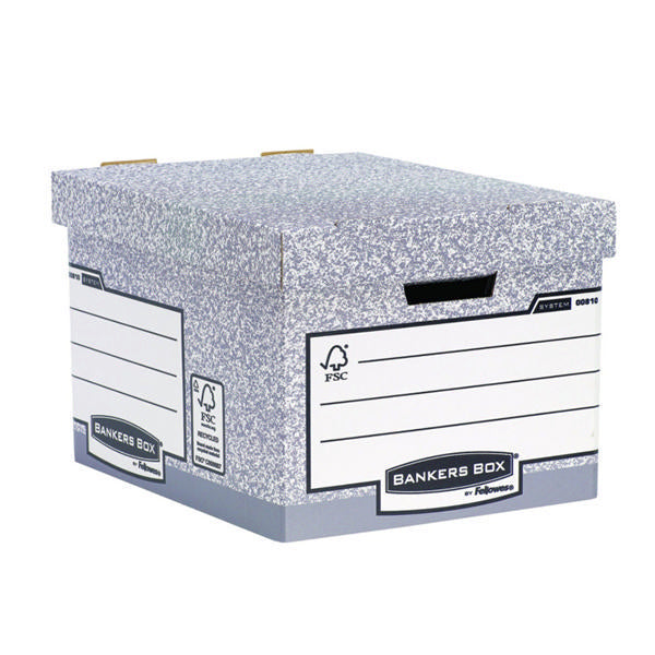 A stack of grey standard Bankers Box storage boxes demonstrating their uniform stacking ability.