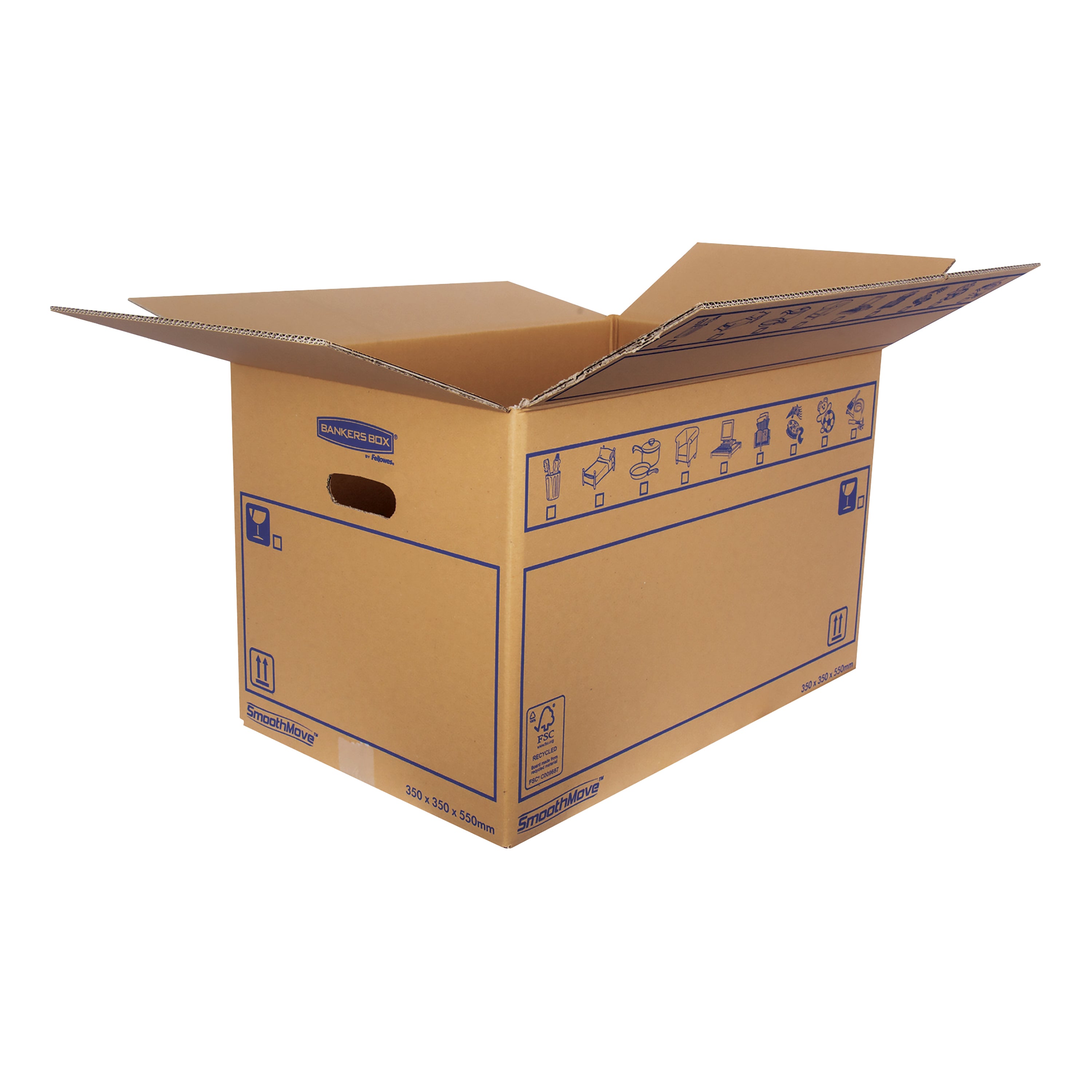 A person carrying the SmoothMove moving box using the convenient perforated hand holes.