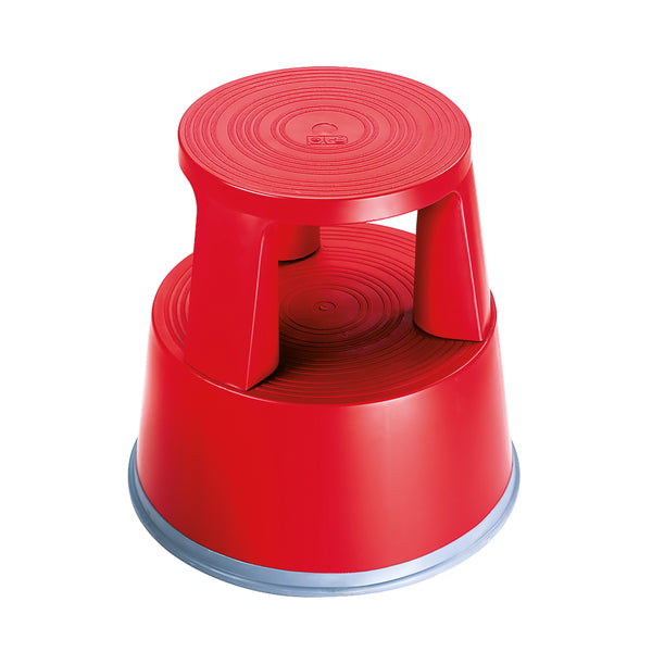 A red 2Work plastic step stool with a non-slip rubber base.