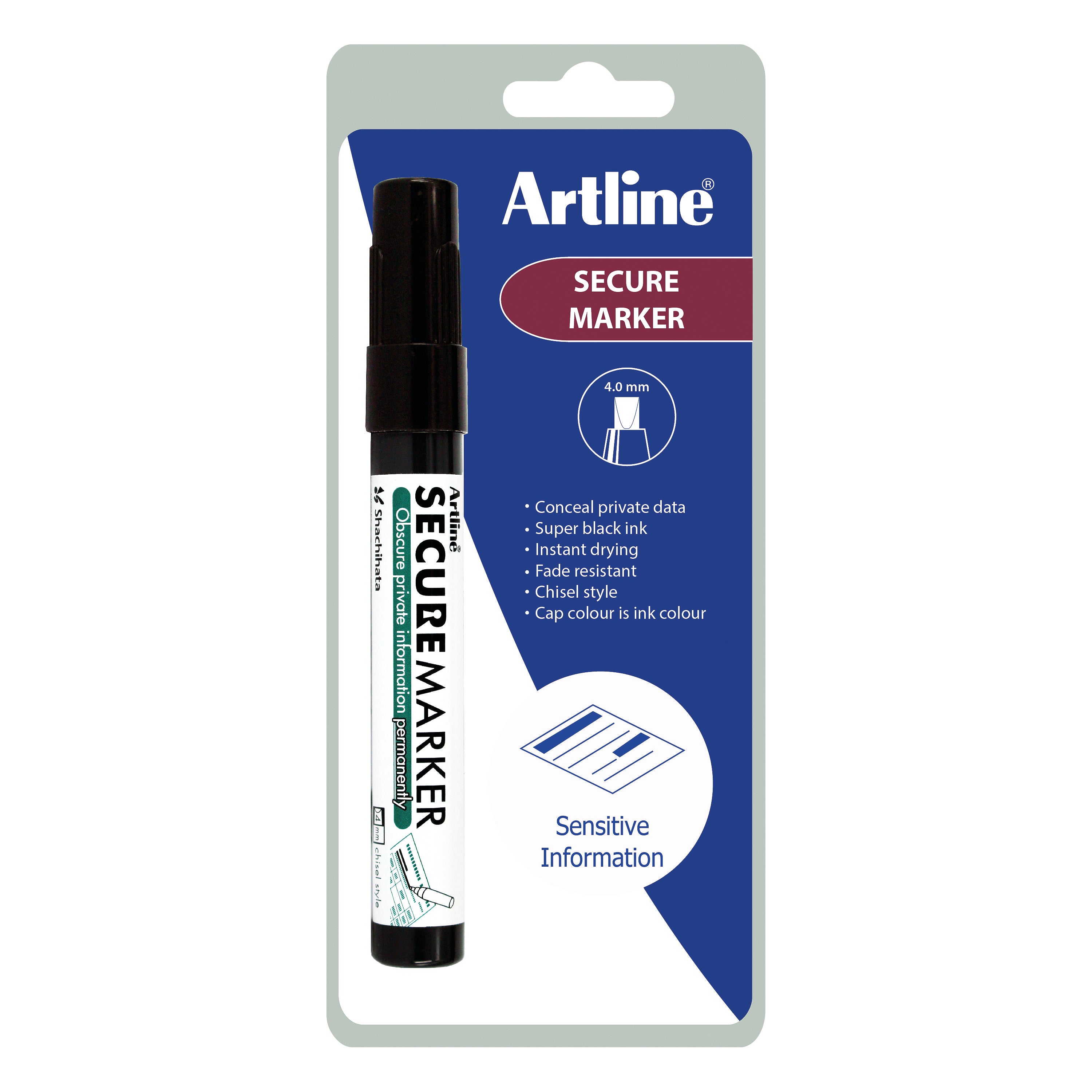 The Artline Secure Redacting Marker with black ink obscuring sensitive text on a document.