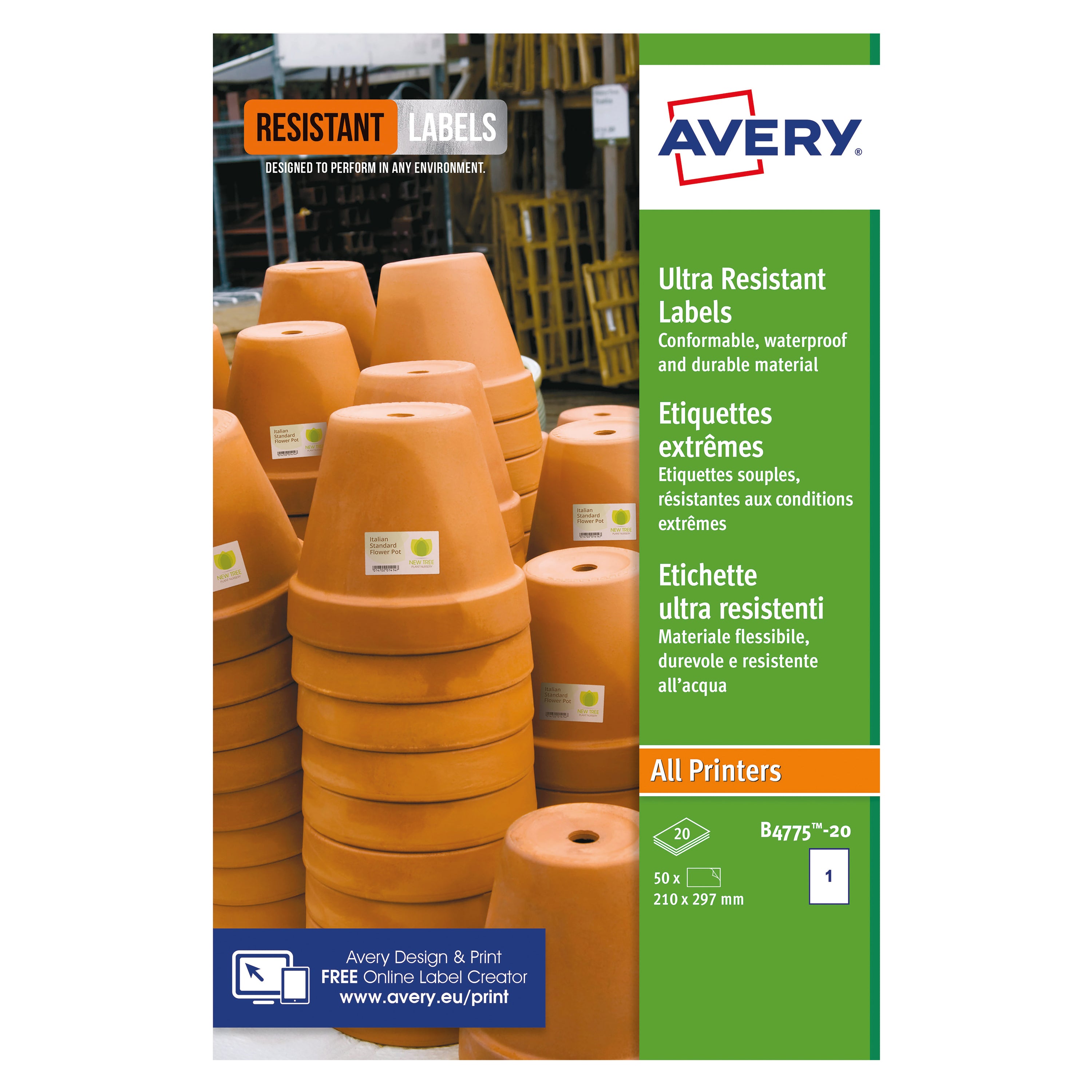 Avery B4775-20 full-sheet ultra-resistant labels, pack of 20.