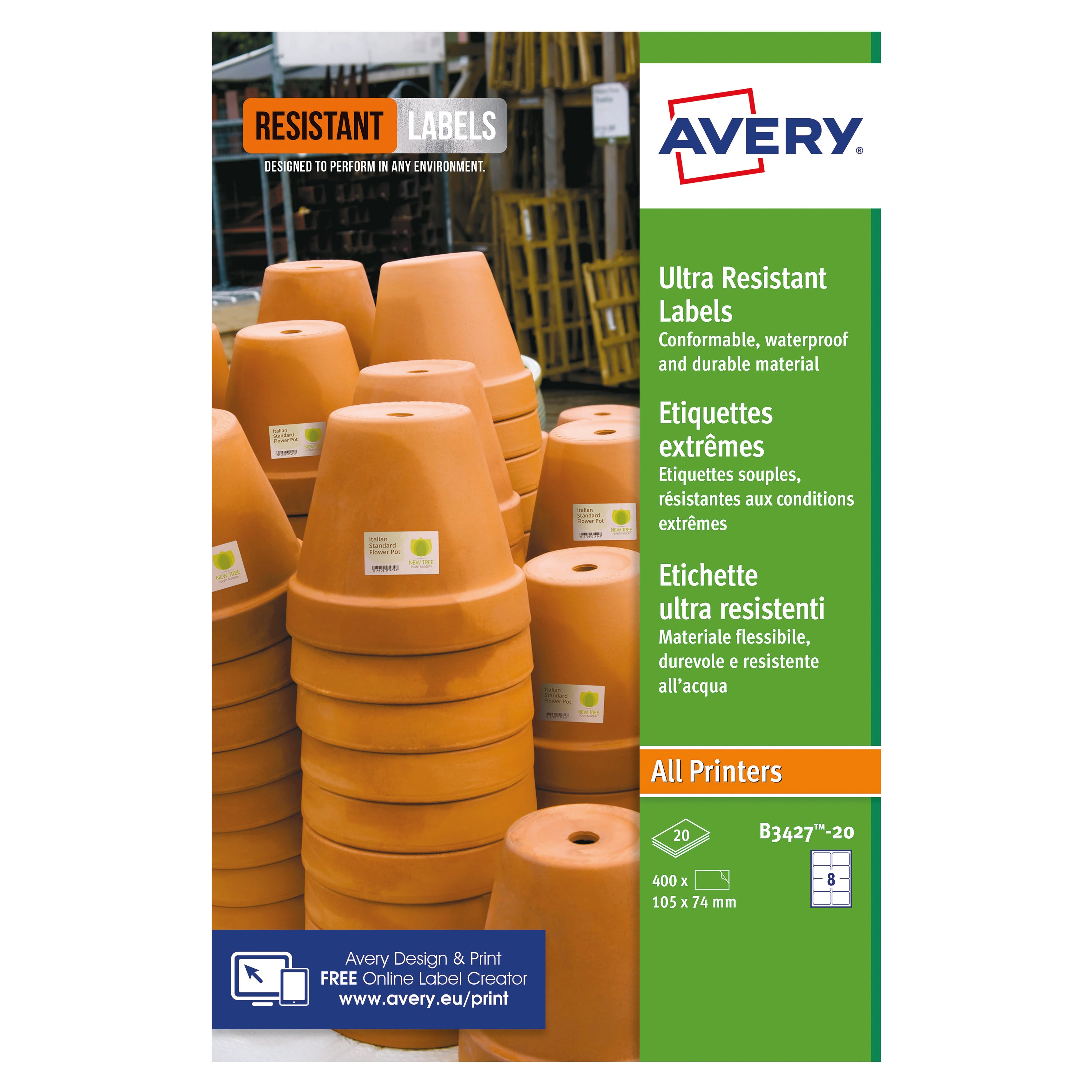 Avery B3427-20 ultra-resistant labels in a pack of 160.
