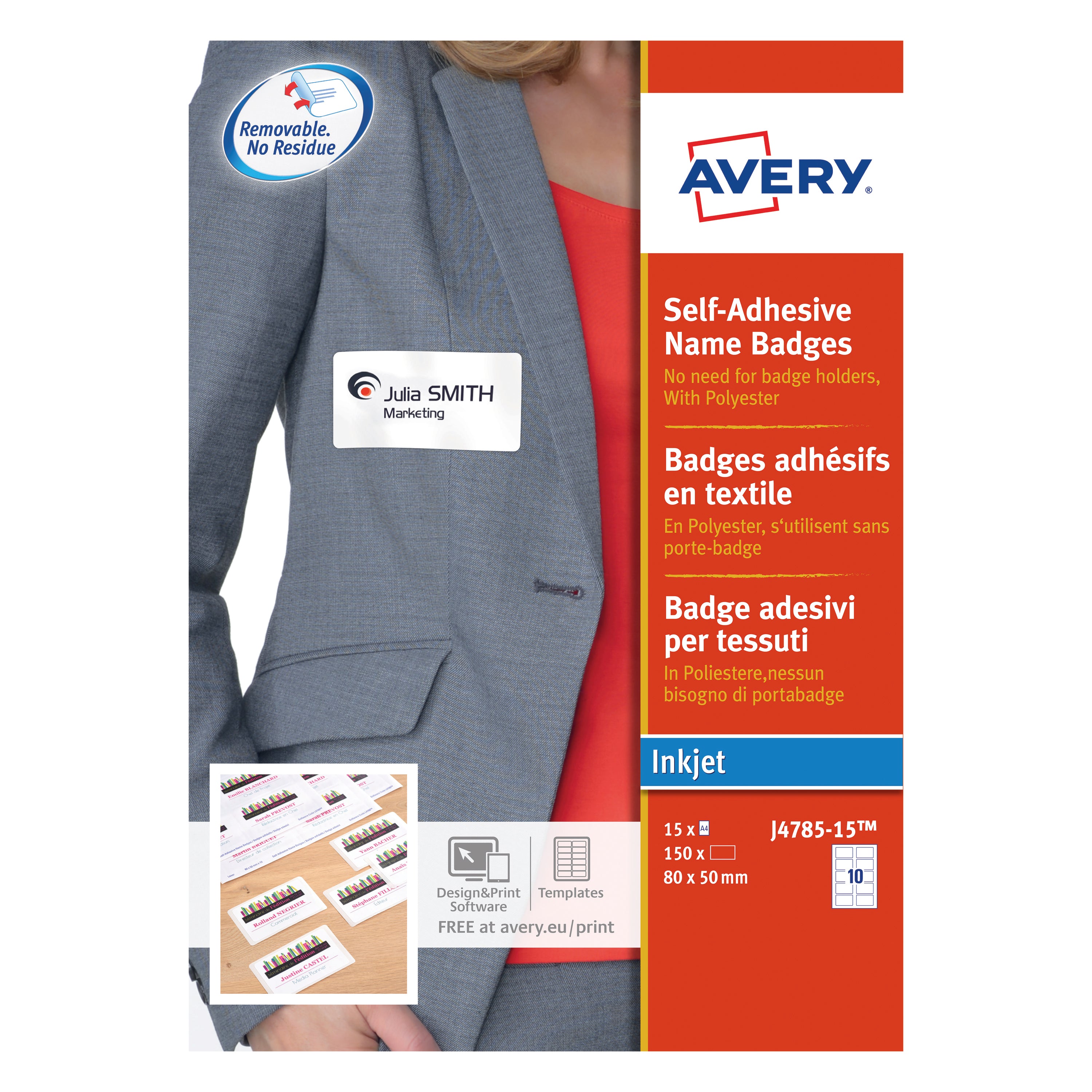 Avery J4785-15 self-adhesive name badges in a pack of 150.