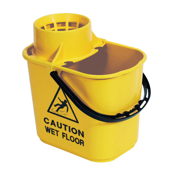 A yellow 15-litre 2Work plastic mop bucket with a wringer.