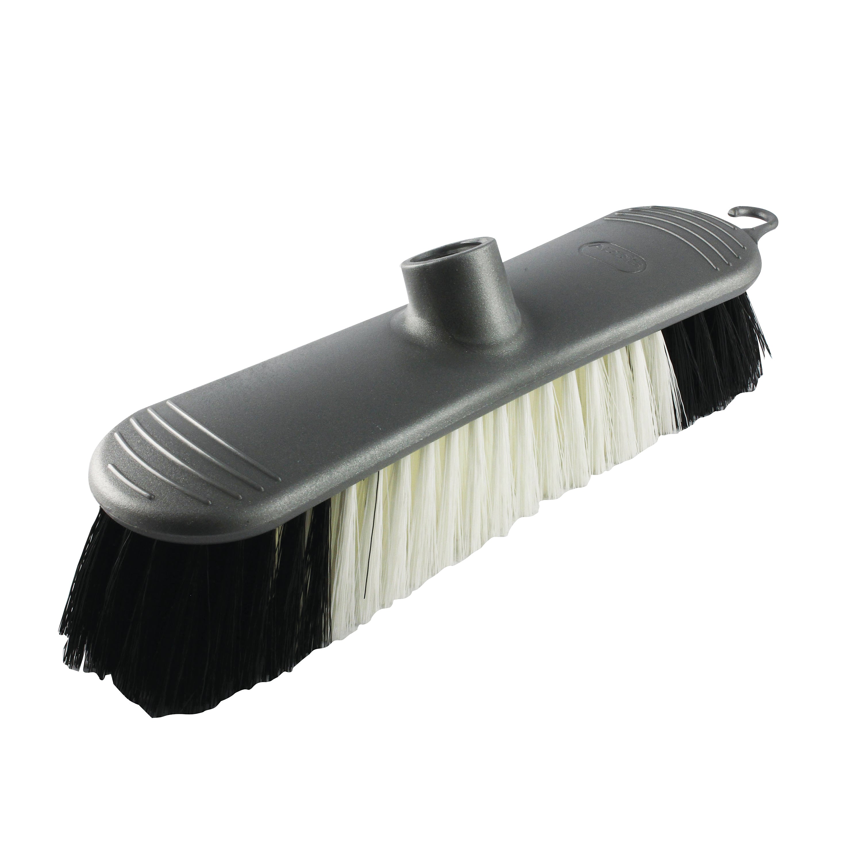 metallic soft broom head, showing the socket for handle attachment.