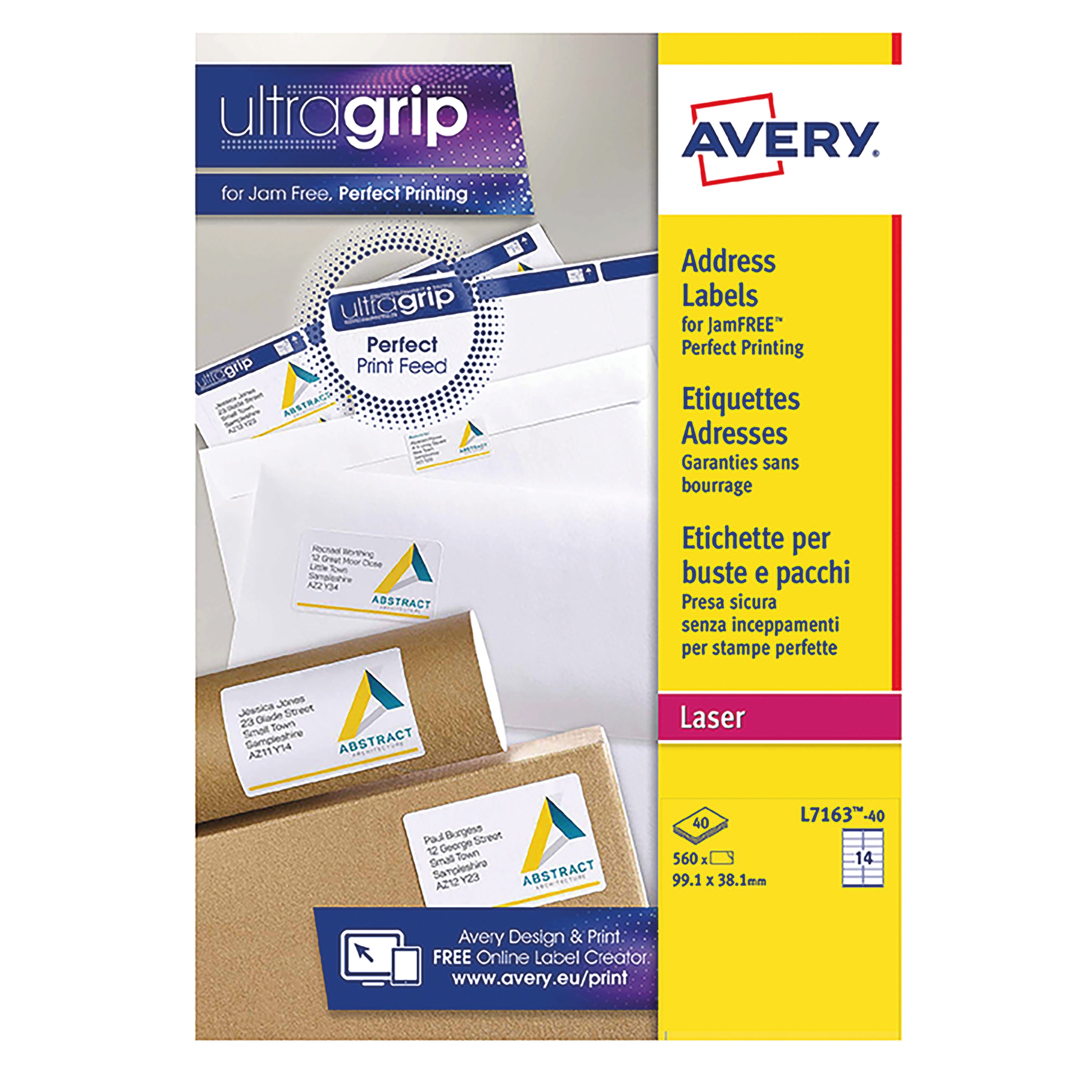 Avery L7163-40 Ultragrip laser labels in a 560-pack.