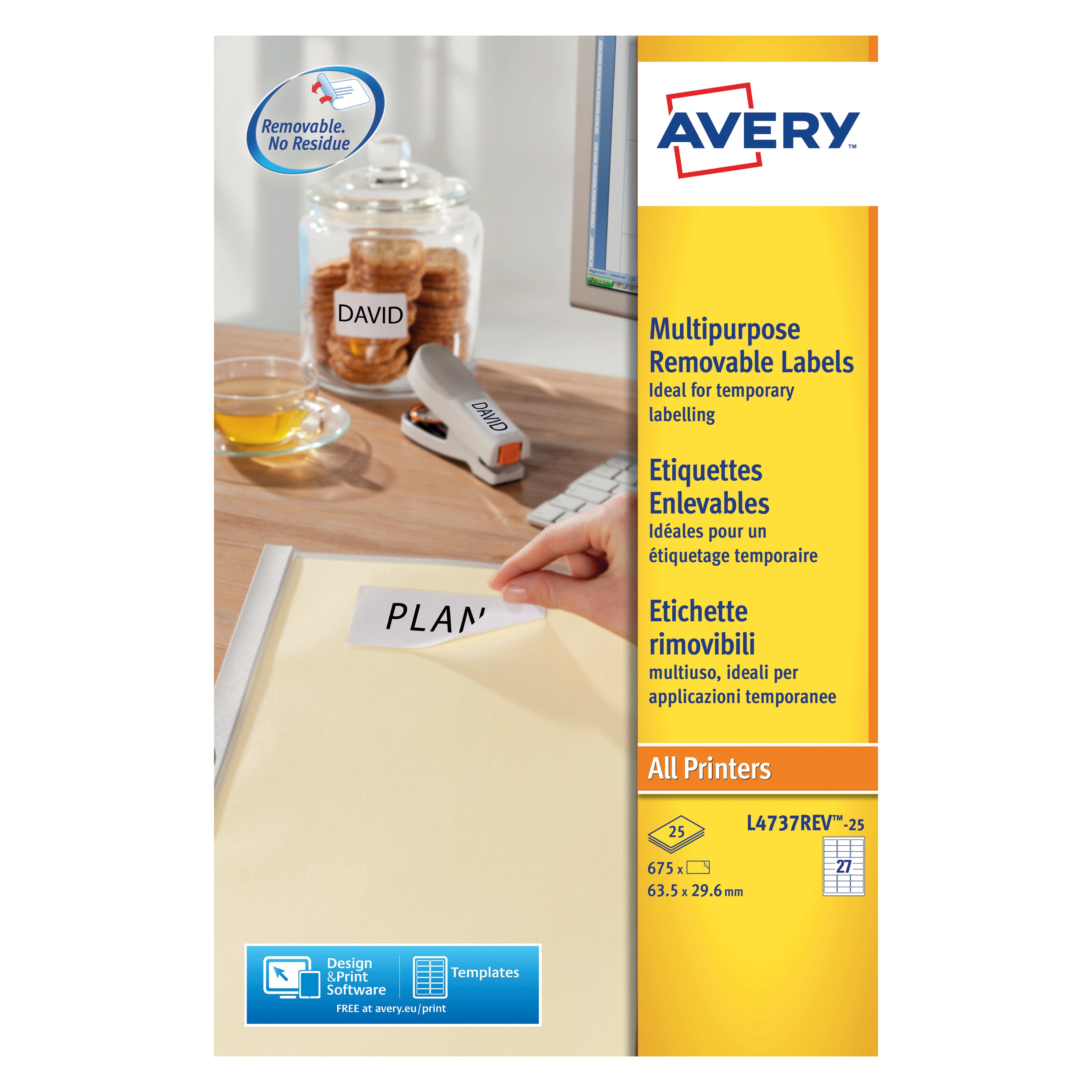 Avery L4737REV-25 removable white labels in a 675-pack.