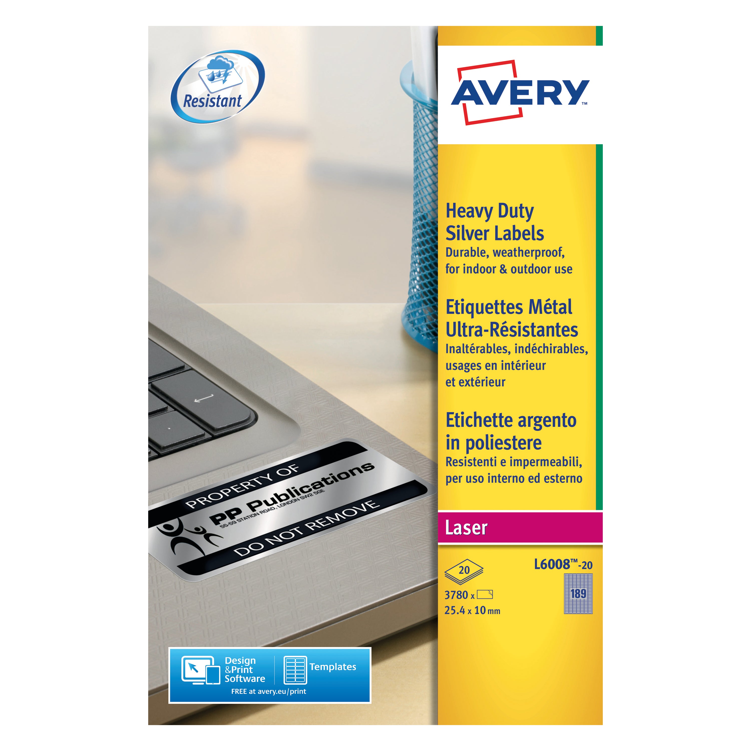 Avery L6008-20 heavy-duty silver laser labels in packaging.
