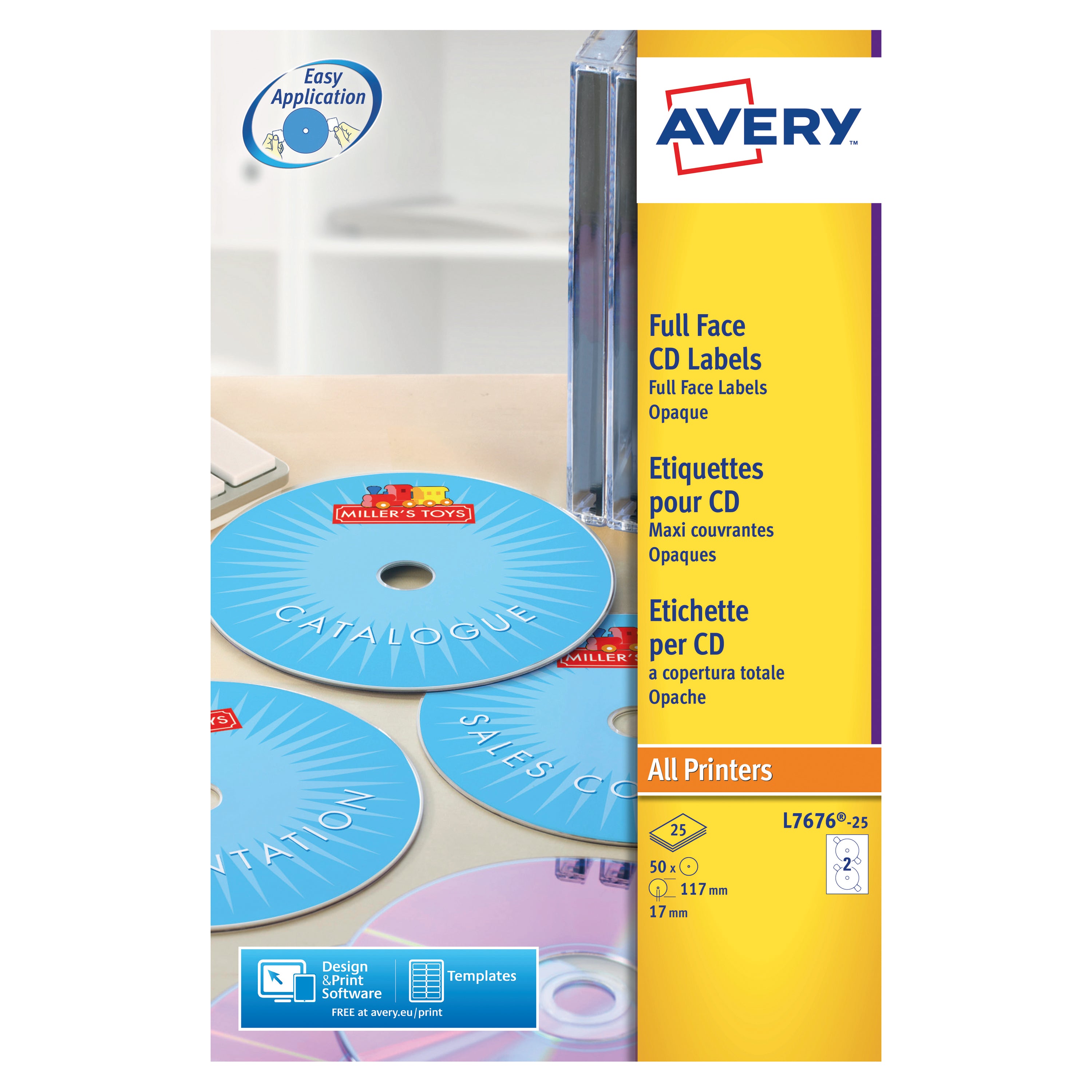 Avery L7676-25 full-face CD/DVD laser labels in a pack of 50.