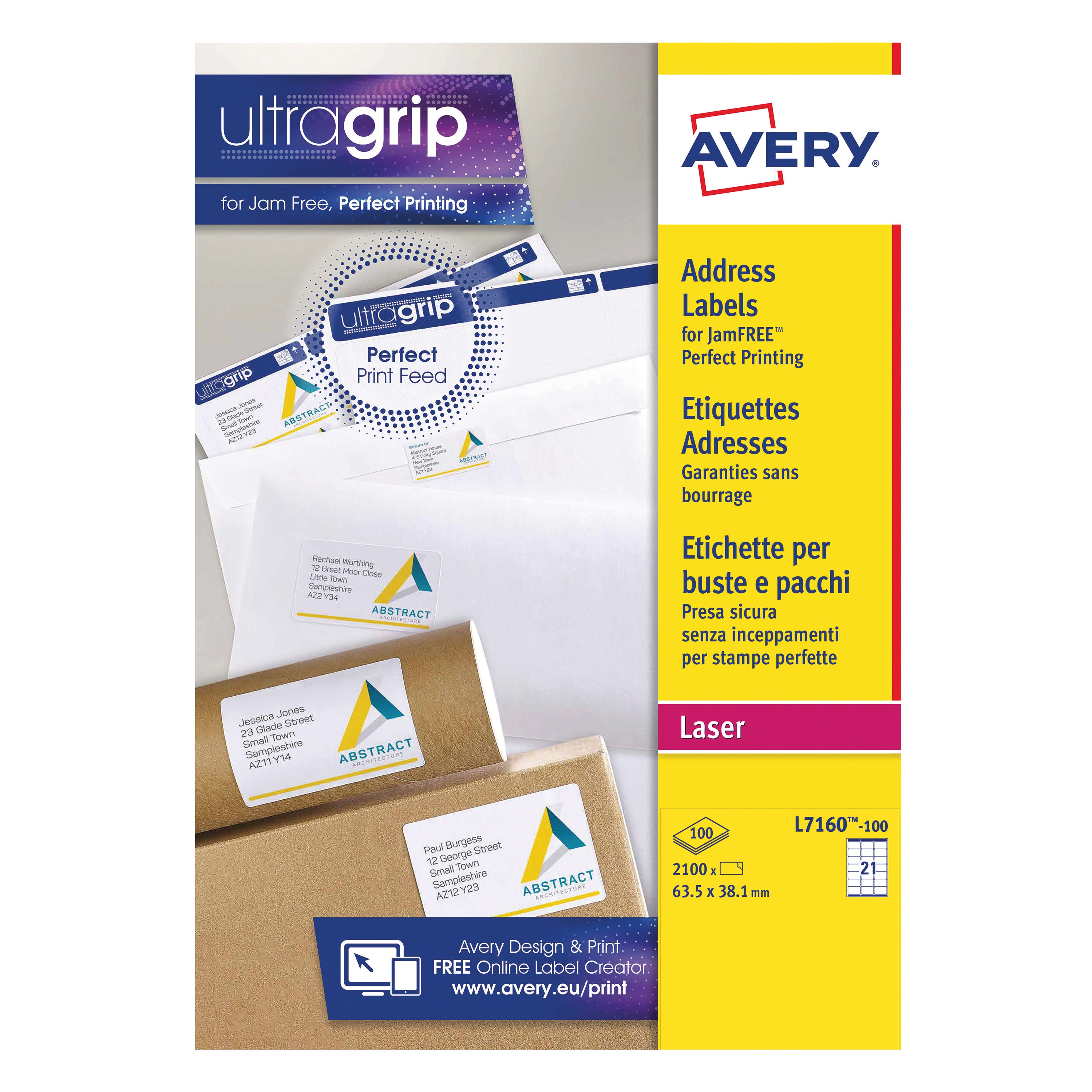 Avery L7160-100 Ultragrip laser labels in a pack of 2100.