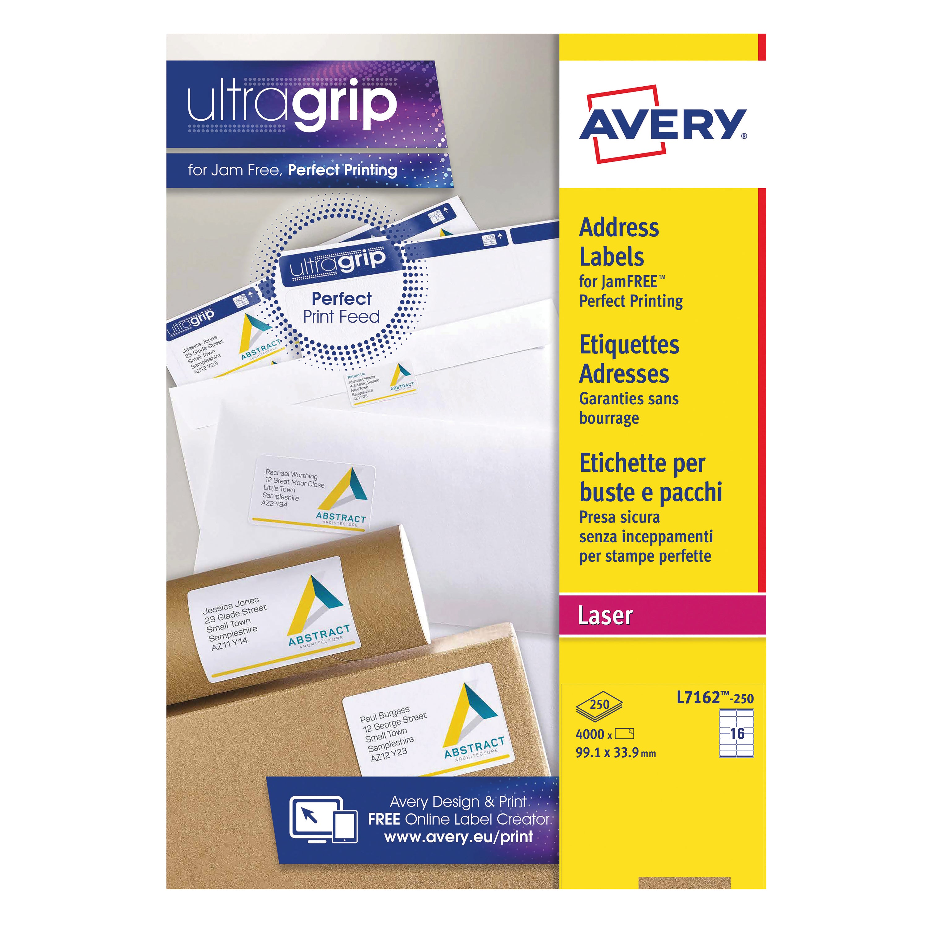Avery L7162-250 Ultragrip white laser labels in a bulk 4000-pack.