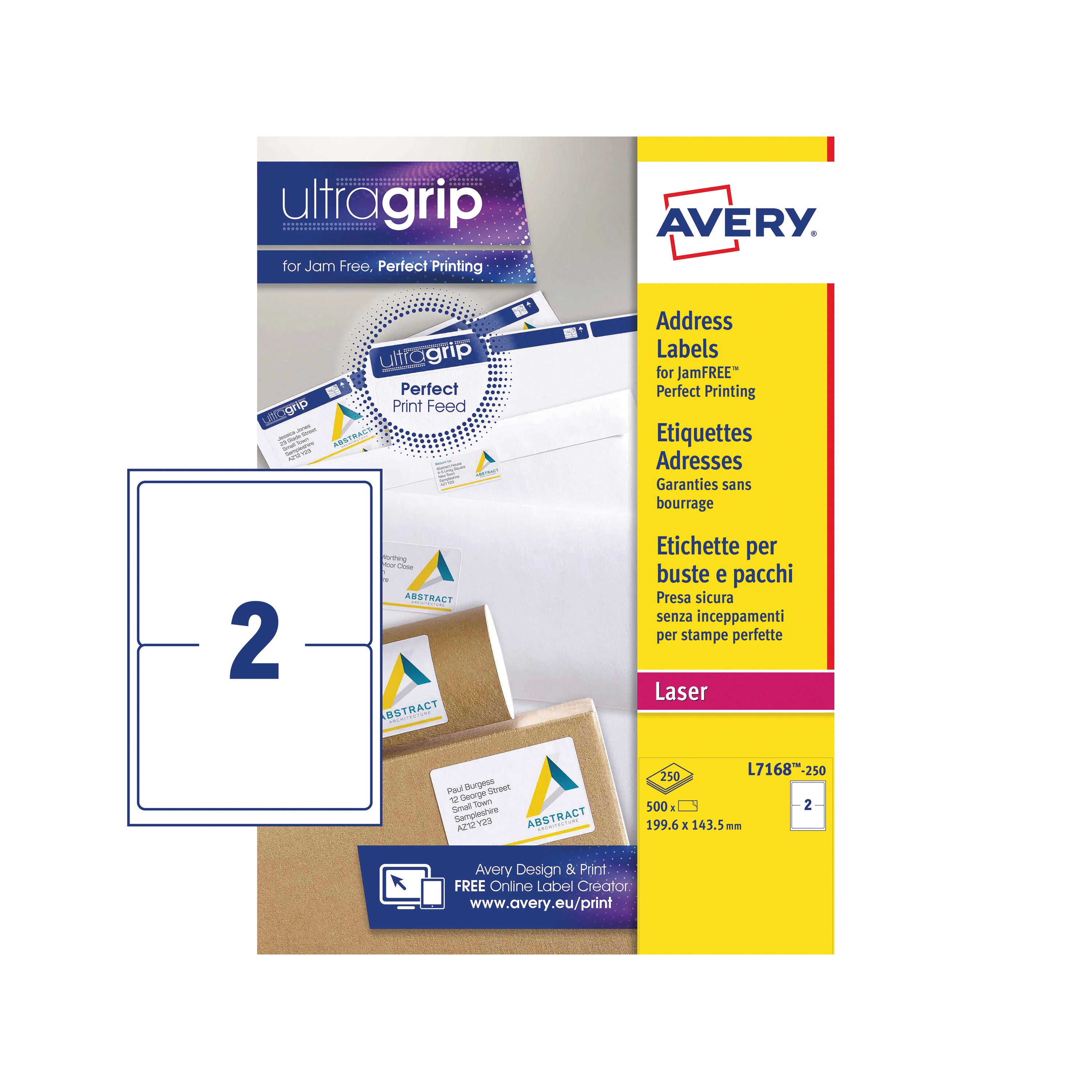 A sheet of 2 half-page Avery L7168 Ultragrip labels.