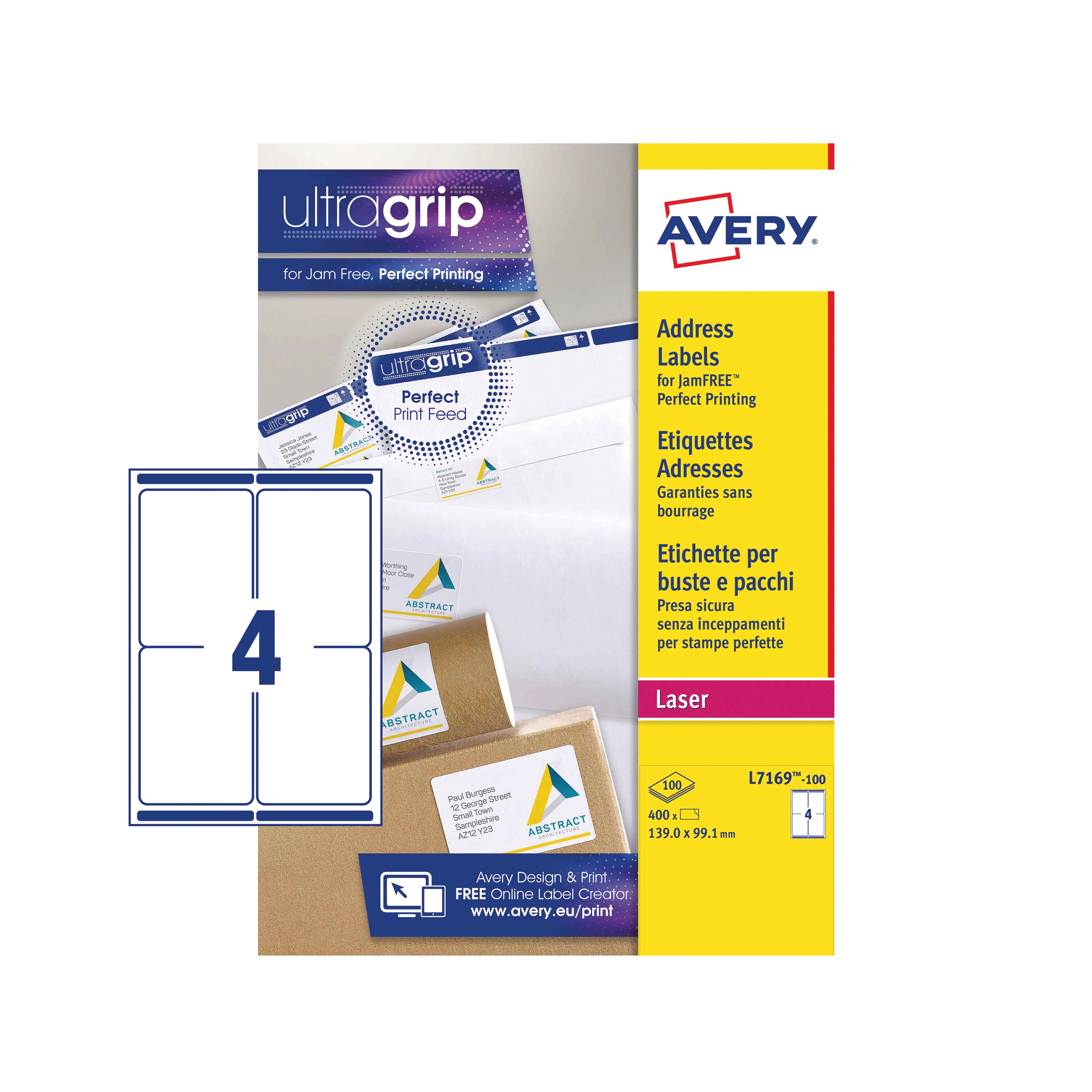 A sheet of 4 extra-large Avery L7169 labels with Ultragrip technology.