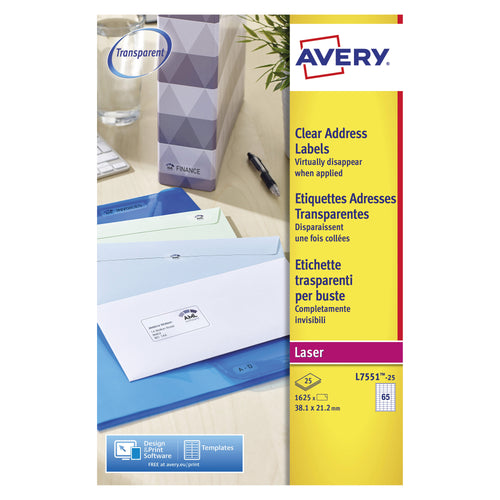 Avery Laser Labels 38x21mm 65 Per Sheet Clear (Pack of 1625) L7551-25