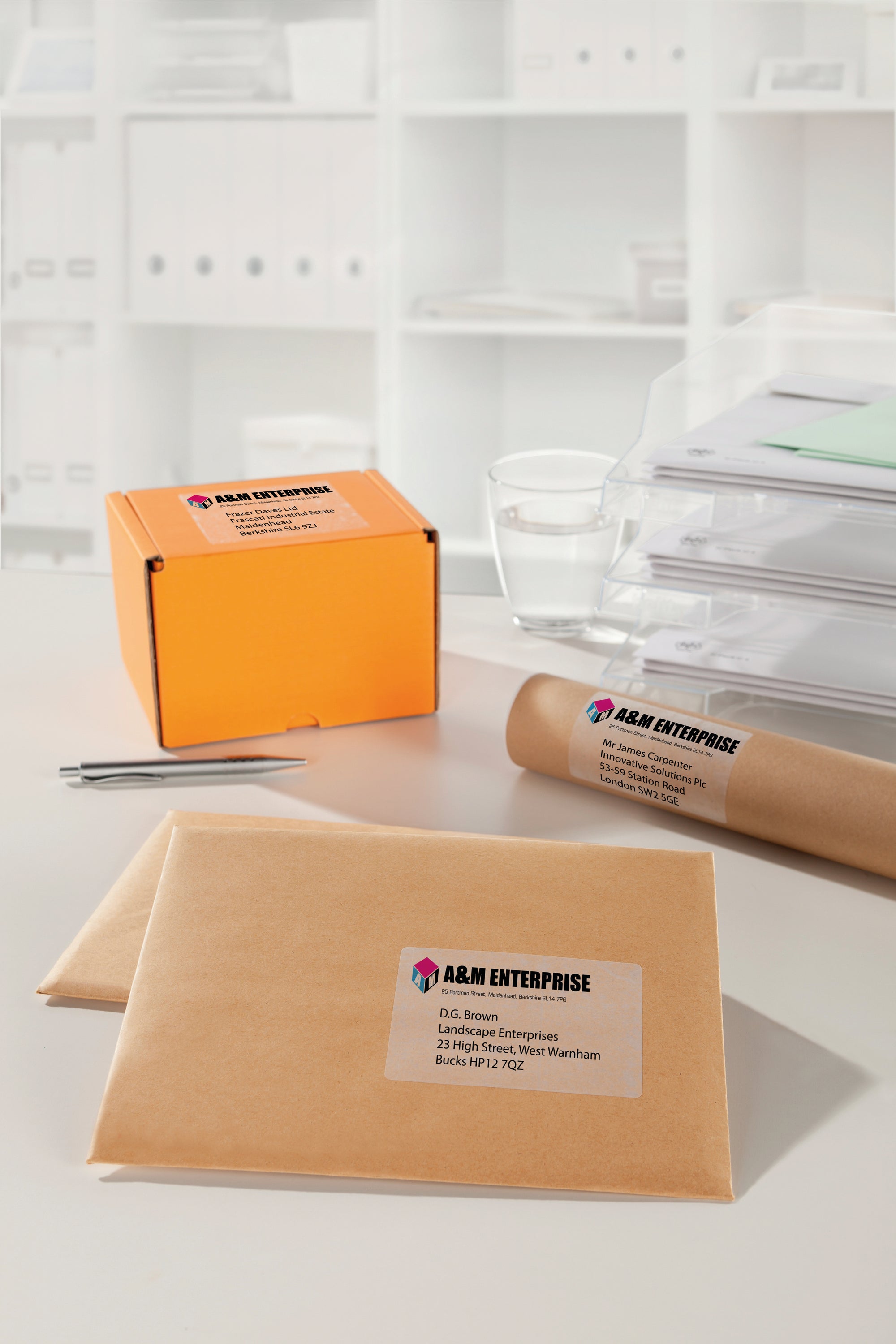 An Avery L7565 label blending seamlessly with a colored mailing bag.