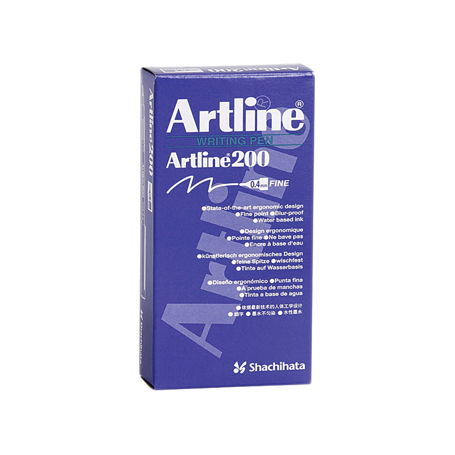 The Artline 200 fineliner pen shown creating a smooth, fine black line on paper.