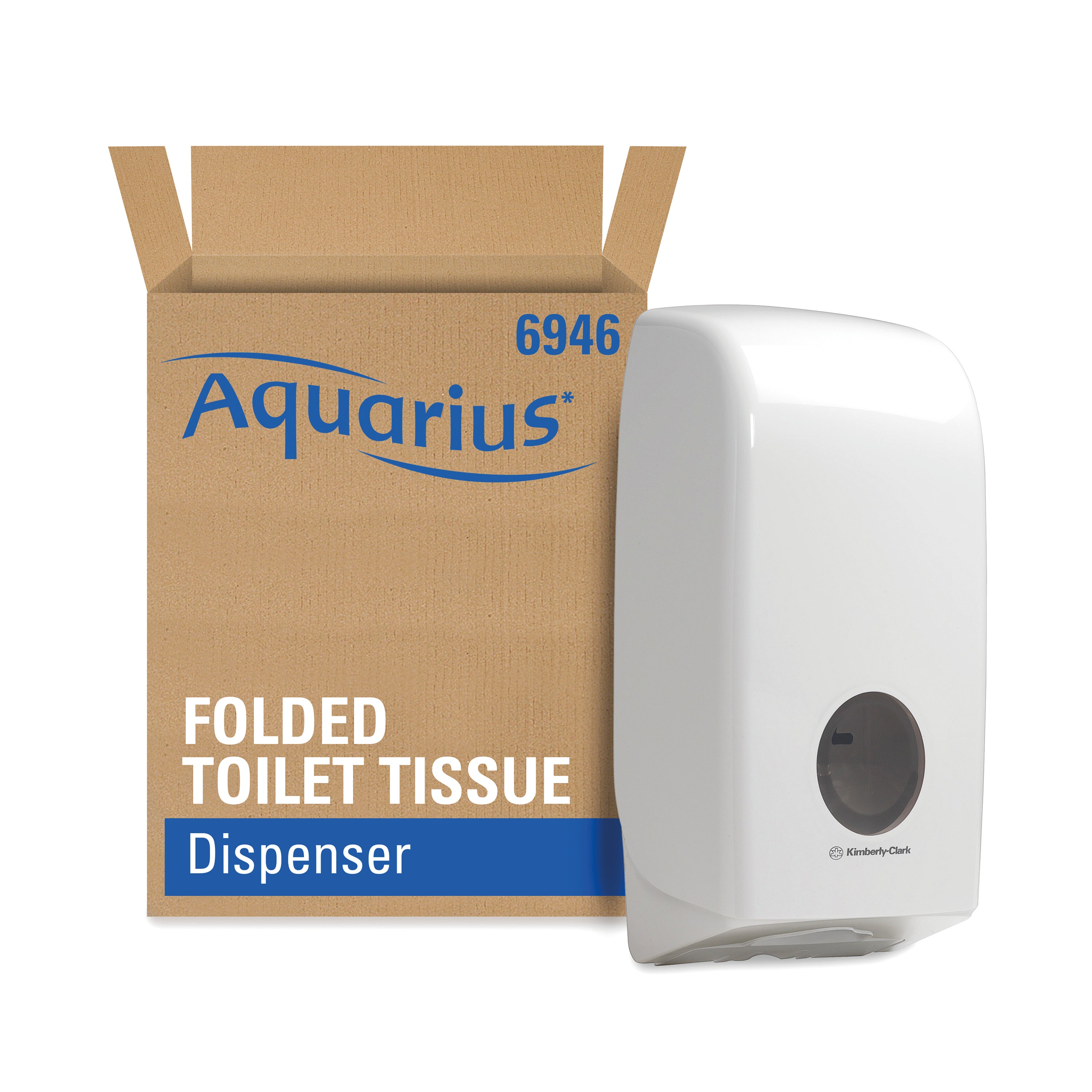 Angled side view of the sleek, white Aquarius toilet tissue dispenser.
