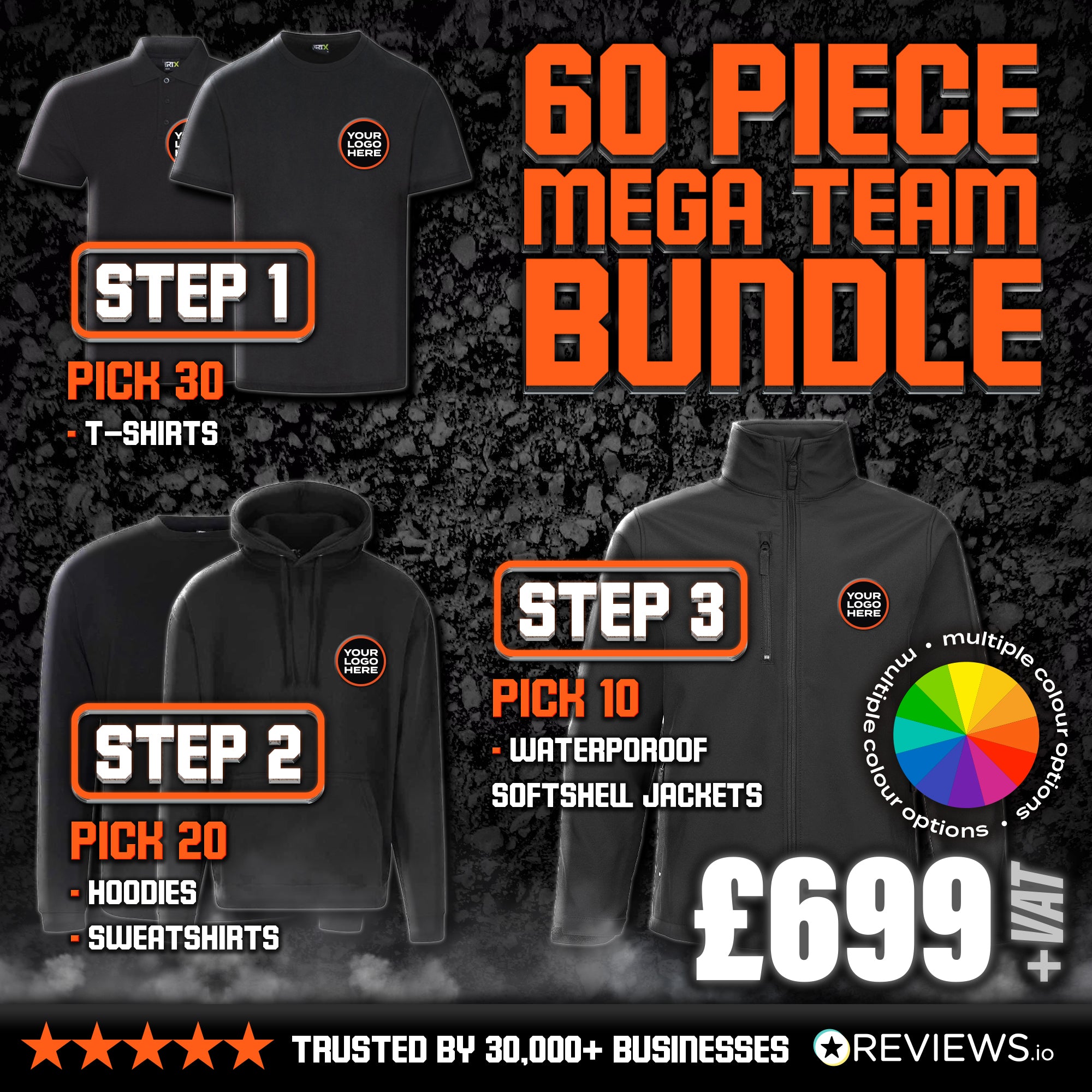 60 Piece Embroidered/Printed Workwear Bundle with Free Logo