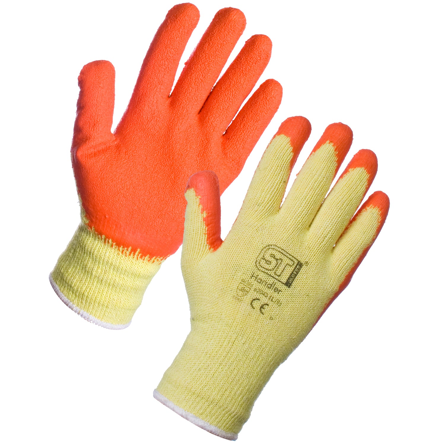 Orange Supertouch Handler gloves with a crinkle latex coating for superior grip.