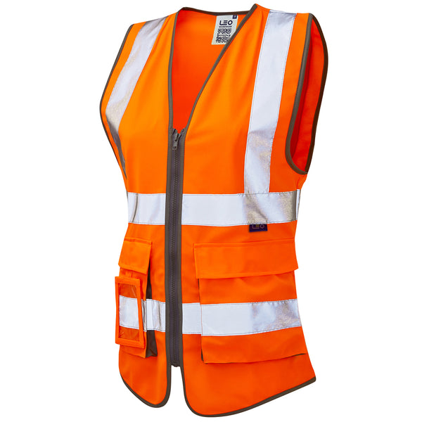 Leo Workwear Lynmouth women's hi-vis orange and grey waistcoat with a shaped fit and ID pocket.