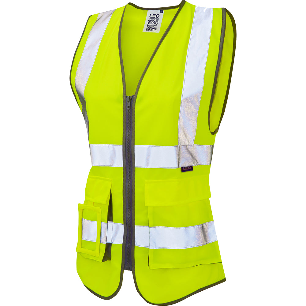 Leo Workwear Lynmouth women's waistcoat combining hi-vis yellow and navy for safety and style.