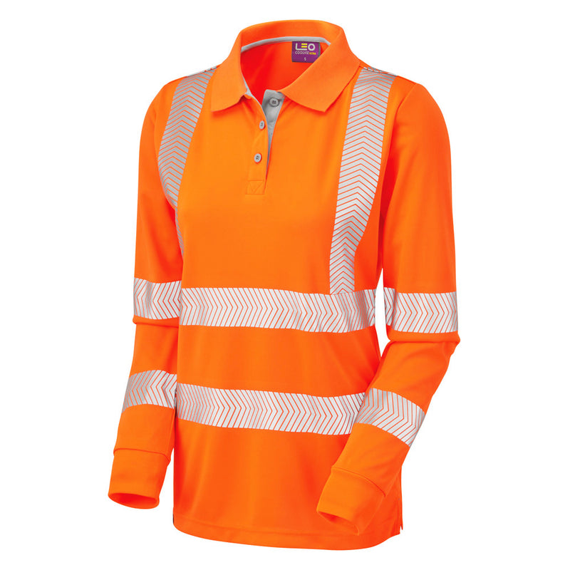 Close-up of yellow women’s polo shirt sleeve showing grey cuff and reflective tape detail