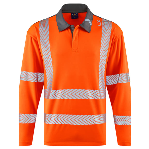 Leo Workwear Georgeham Leo Ecoviz Coolmax High Performance Sleeved Polo Shirt in Orange Colour