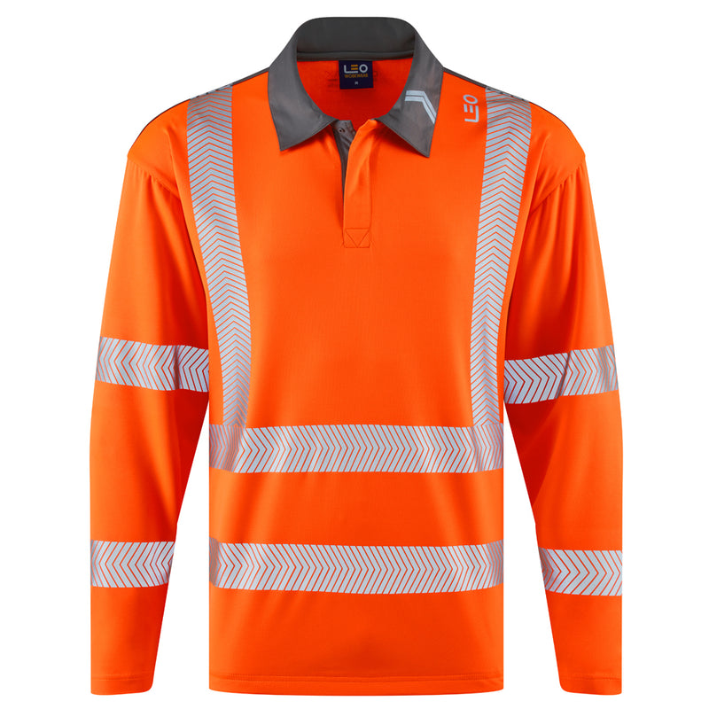 Leo Workwear Georgeham Leo Ecoviz Coolmax High Performance Sleeved Polo Shirt in Orange Colour