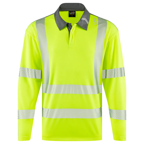 Leo Workwear Georgeham Leo Ecoviz Coolmax High Performance Sleeved Polo Shirt in Fluorescent Yellow Colour