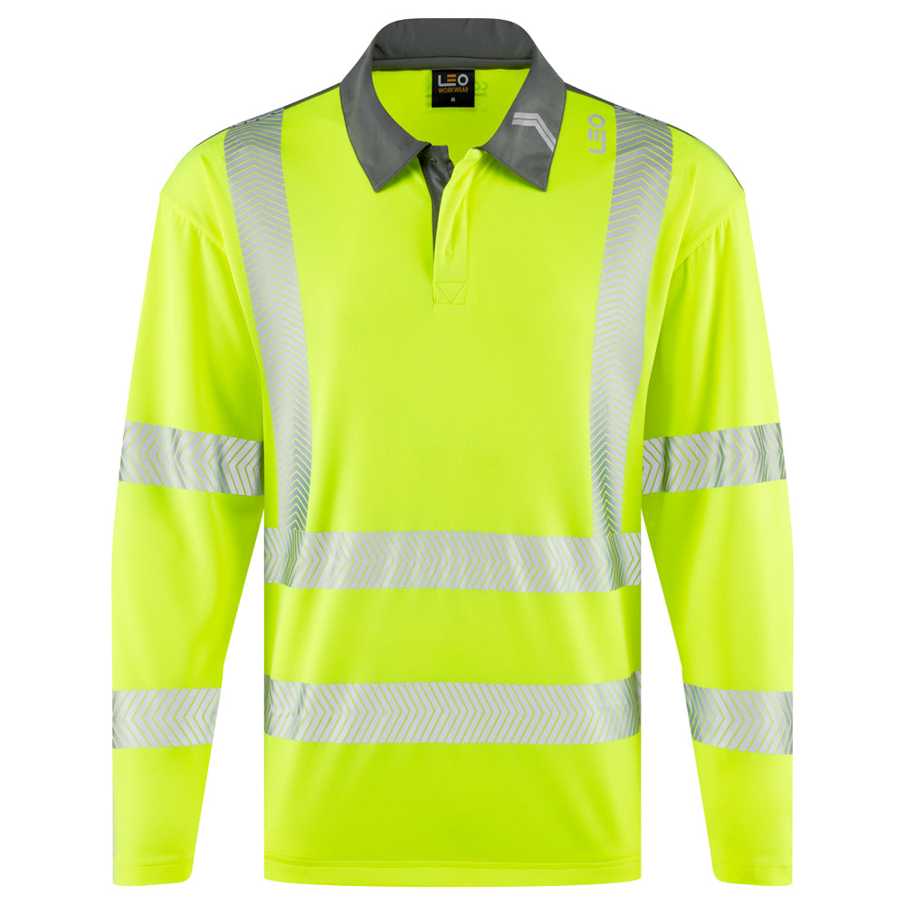 Leo Workwear Georgeham Leo Ecoviz Coolmax High Performance Sleeved Polo Shirt in Fluorescent Yellow Colour