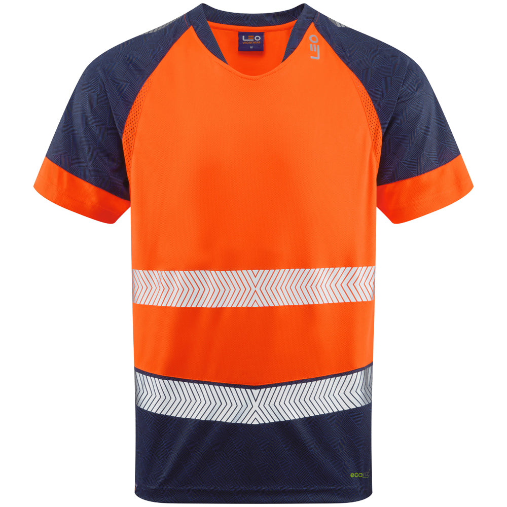 Front image of orange Leo EcoViz Performance+ T-shirt with navy and reflective detailing.