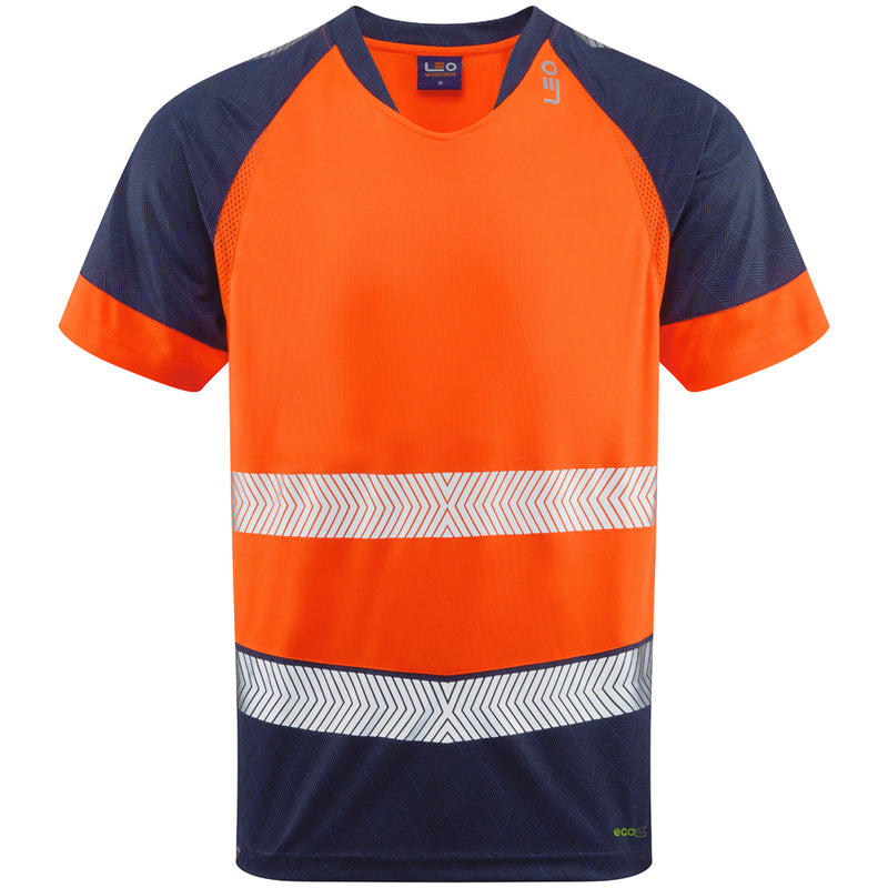 Front image of orange Leo EcoViz Performance+ T-shirt with navy and reflective detailing.