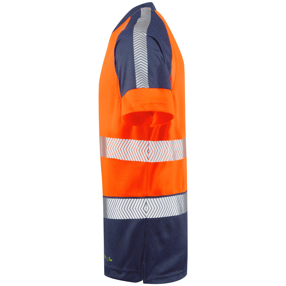 Side view of orange Leo EcoViz T-shirt with navy panel and reflective strip on sleeve.