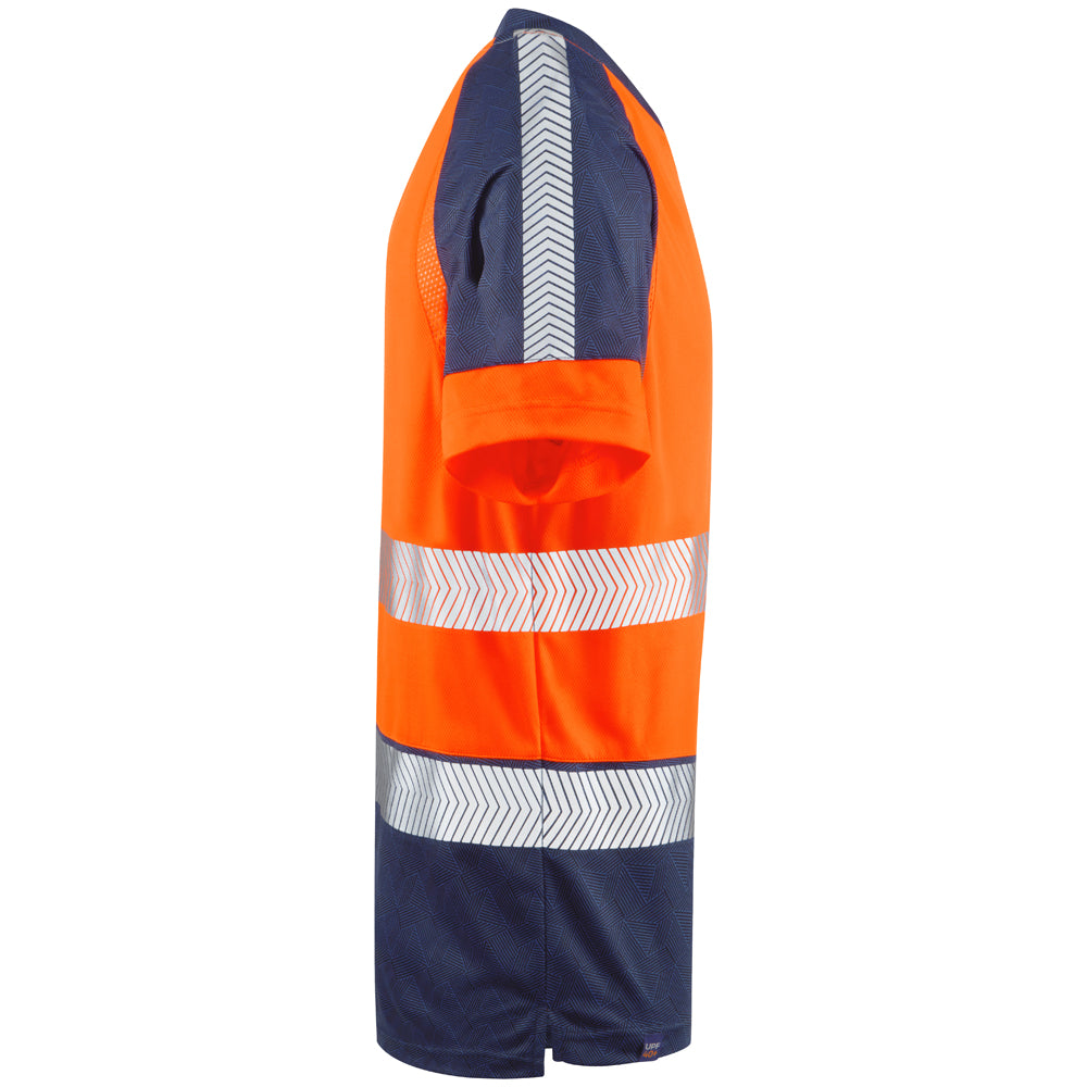 Side view of orange Leo EcoViz T-shirt with navy panel and reflective strip on sleeve.