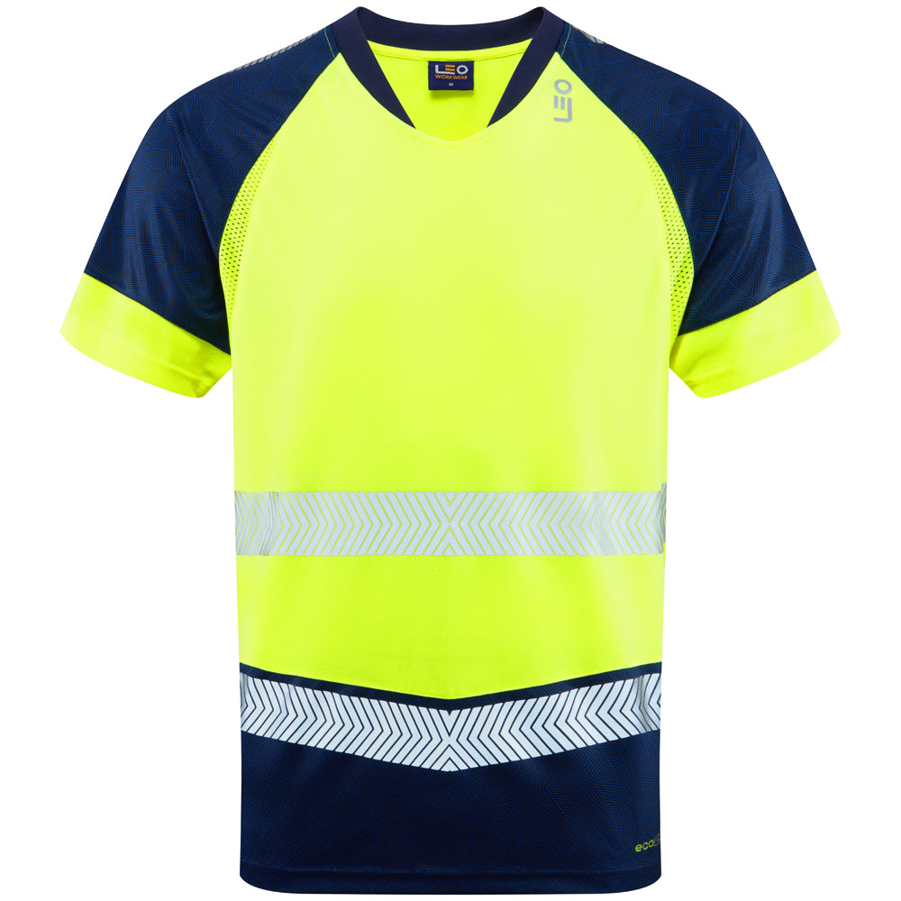 Front view of yellow Leo EcoViz Performance+ T-shirt with navy accents and reflective bands.