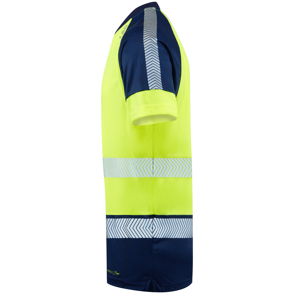 Side view of yellow Leo EcoViz T-shirt showing navy sleeve panel and reflective tape detail.