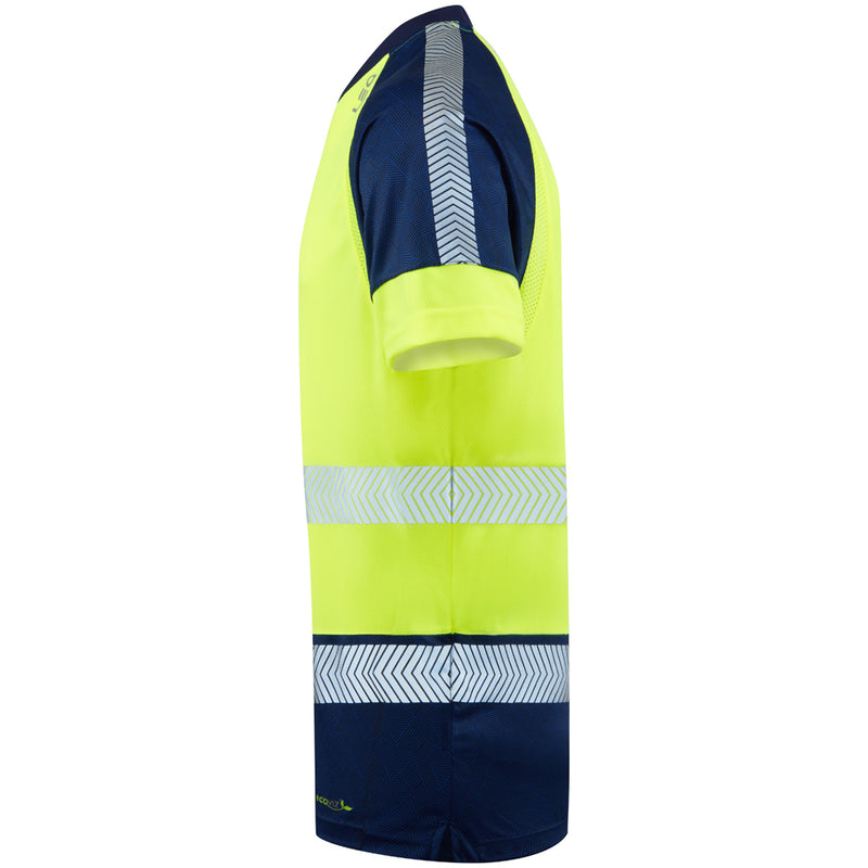 Side view of yellow Leo EcoViz T-shirt showing navy sleeve panel and reflective tape detail.