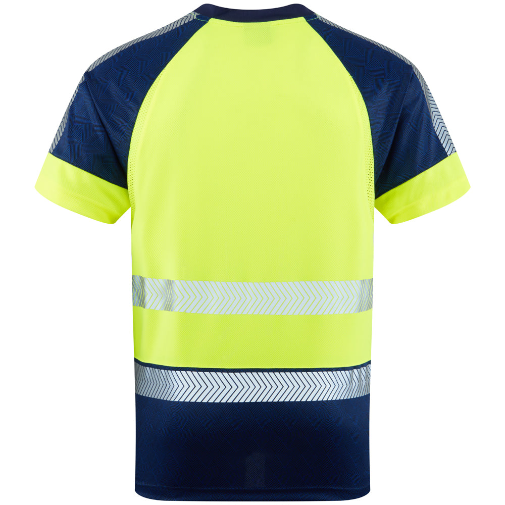 Back view of yellow Leo EcoViz Performance+ T-shirt with navy accents and reflective bands.