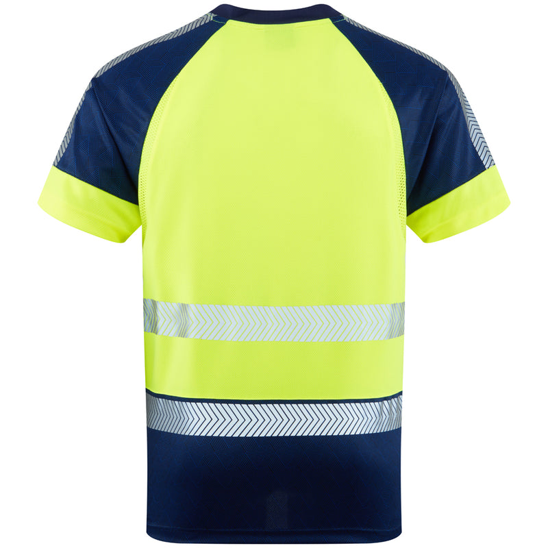 Back view of yellow Leo EcoViz Performance+ T-shirt with navy accents and reflective bands.