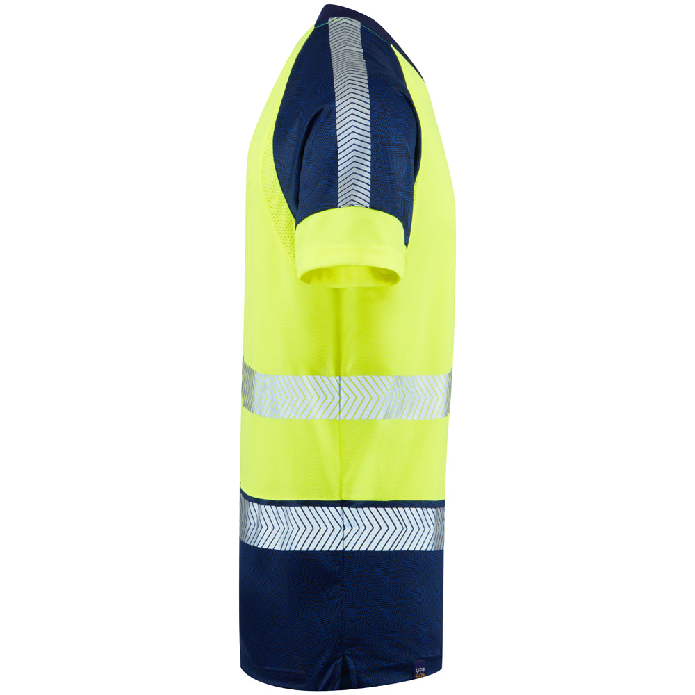 Side view of yellow Leo EcoViz T-shirt showing navy sleeve panel and reflective tape detail.