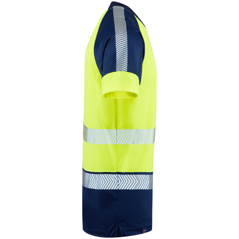 Side view of yellow Leo EcoViz T-shirt showing navy sleeve panel and reflective tape detail.