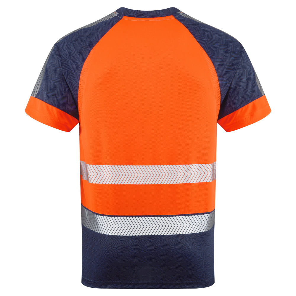 Back image of orange Leo EcoViz Performance+ T-shirt with navy and reflective detailing.
