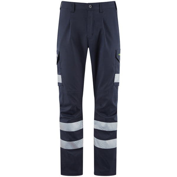 Leo Workwear trousers made from lightweight stretch polyester with cargo pockets for work comfort