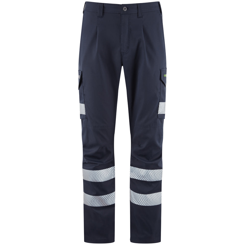 Leo Workwear trousers featuring EcoViz lightweight stretch fabric with flexible cargo fit for work