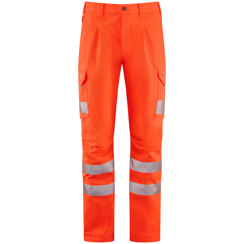 Leo Workwear trousers with EcoViz lightweight polyester and cargo pockets for flexible movement