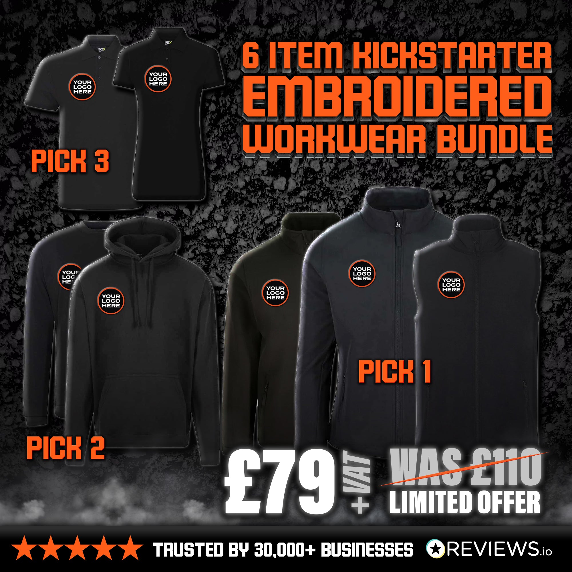 6 Item Kickstarter Embroidered Workwear Bundle with Free Logo