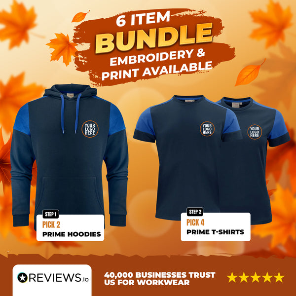 6 Item Embroidered Workwear Printer Prime Bundle – 2x Two-Tone Hoodies & 4x Two-Tone T-Shirts with Company Logo