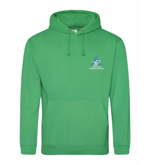 An Armadale PS House Hoodie for adults in kelly green, displaying the school crest.
