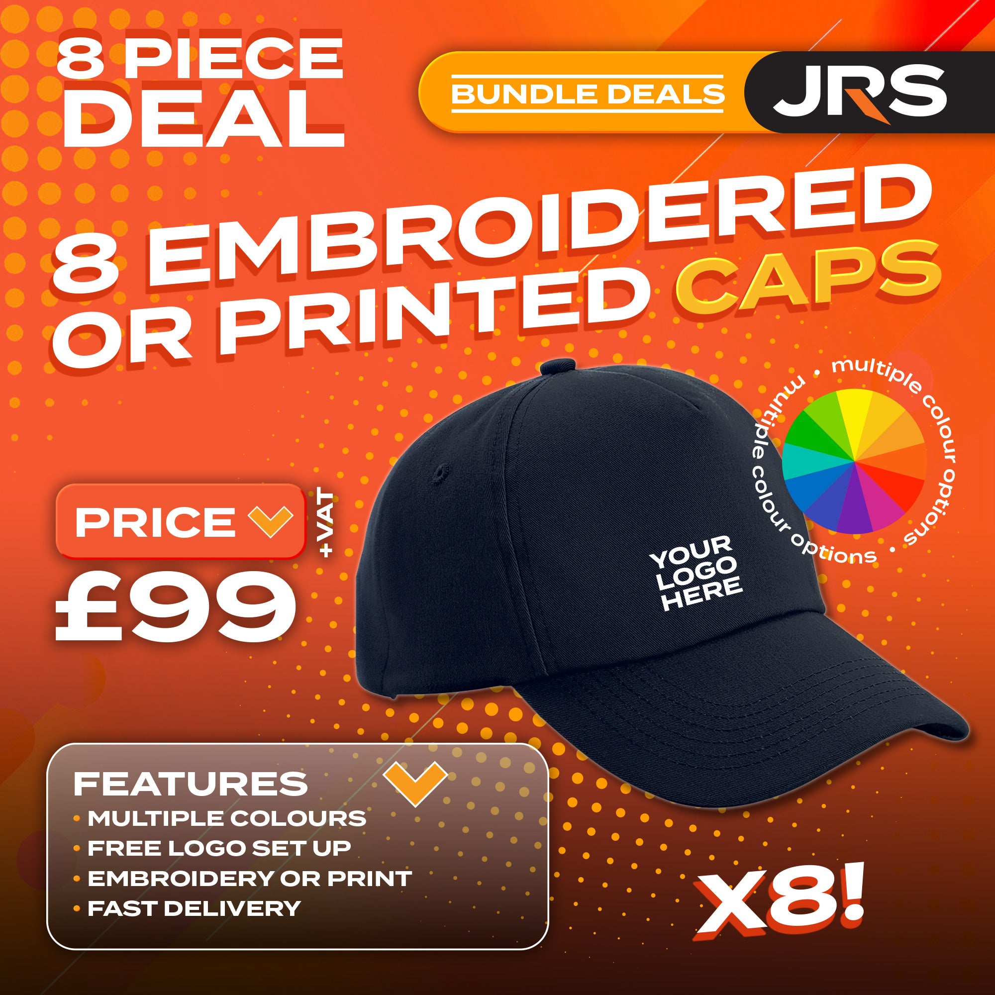 8x Embroidered/Printed Caps Bundle Deal with Free Company/Club Logo